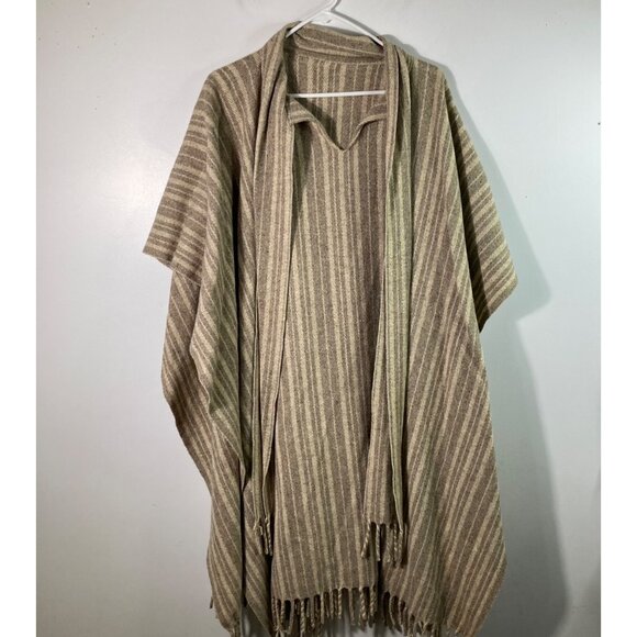 Rustic Vintage South Western Wool Poncho Boho Striped V Tie Neck Scarf Botton Fr - Picture 1 of 9